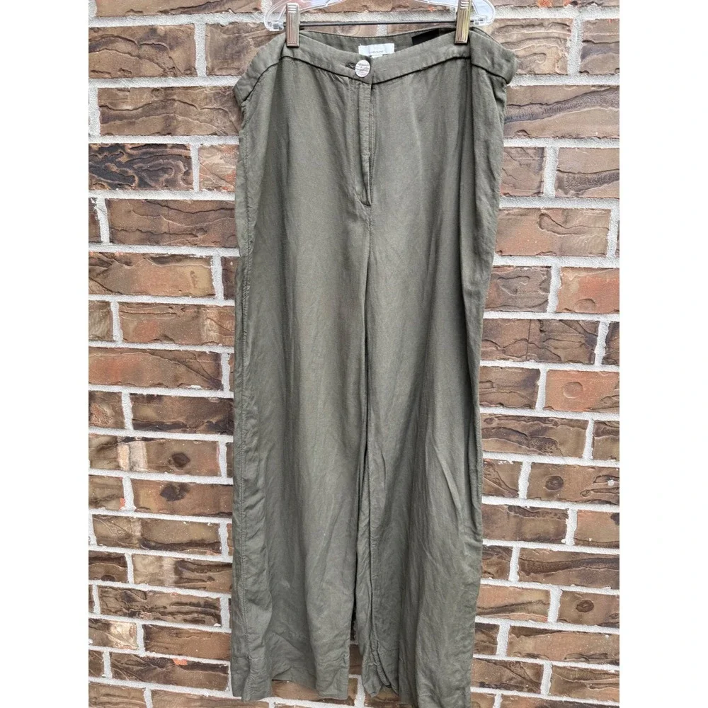 HM‎ Womens Olive Green Linen Blend Wide Leg High Rise Size 14 Relaxed Trousers